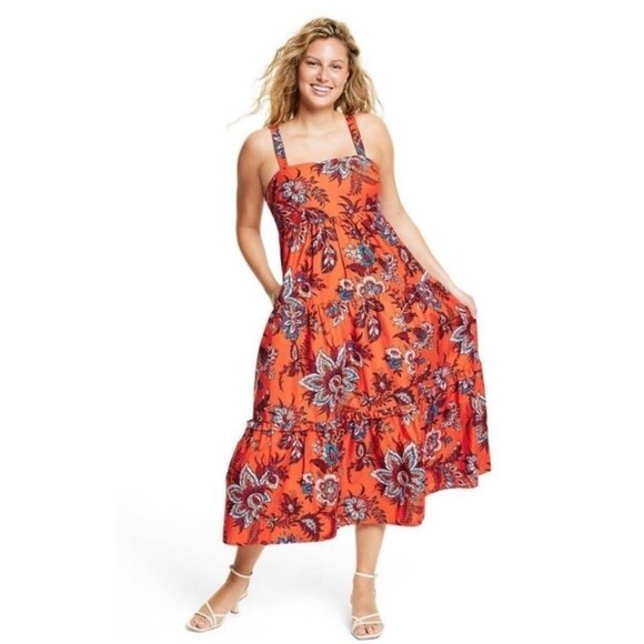 Rhode X Target Leafy Tiered Midi Dress Women 2X Orange Fall Floral Bohemian - Picture 1 of 12